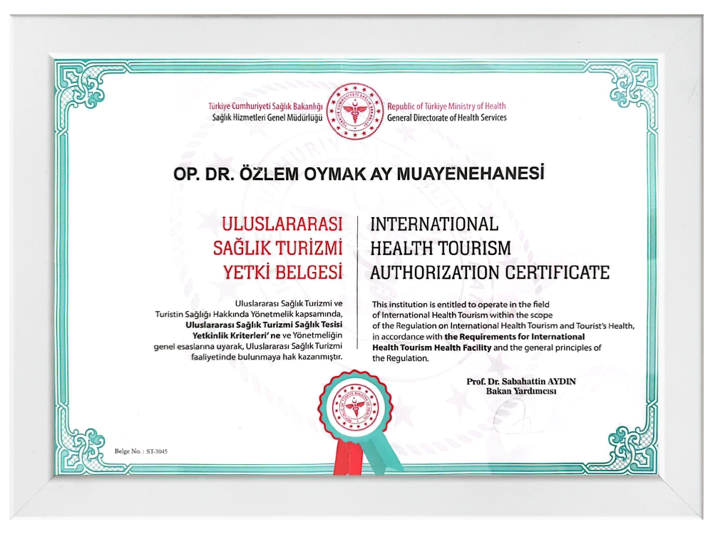 Republic of Türkiye Ministry of Health — International Health Tourism Authorisation Certificate issued to Dr. Özlem Oymak's practice